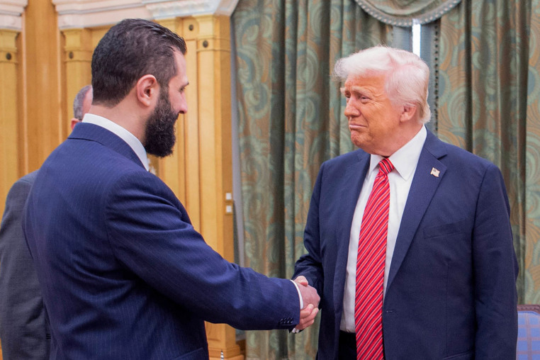 Donald Trump shakes hands with Syria's interim president Ahmed al-Sharaa